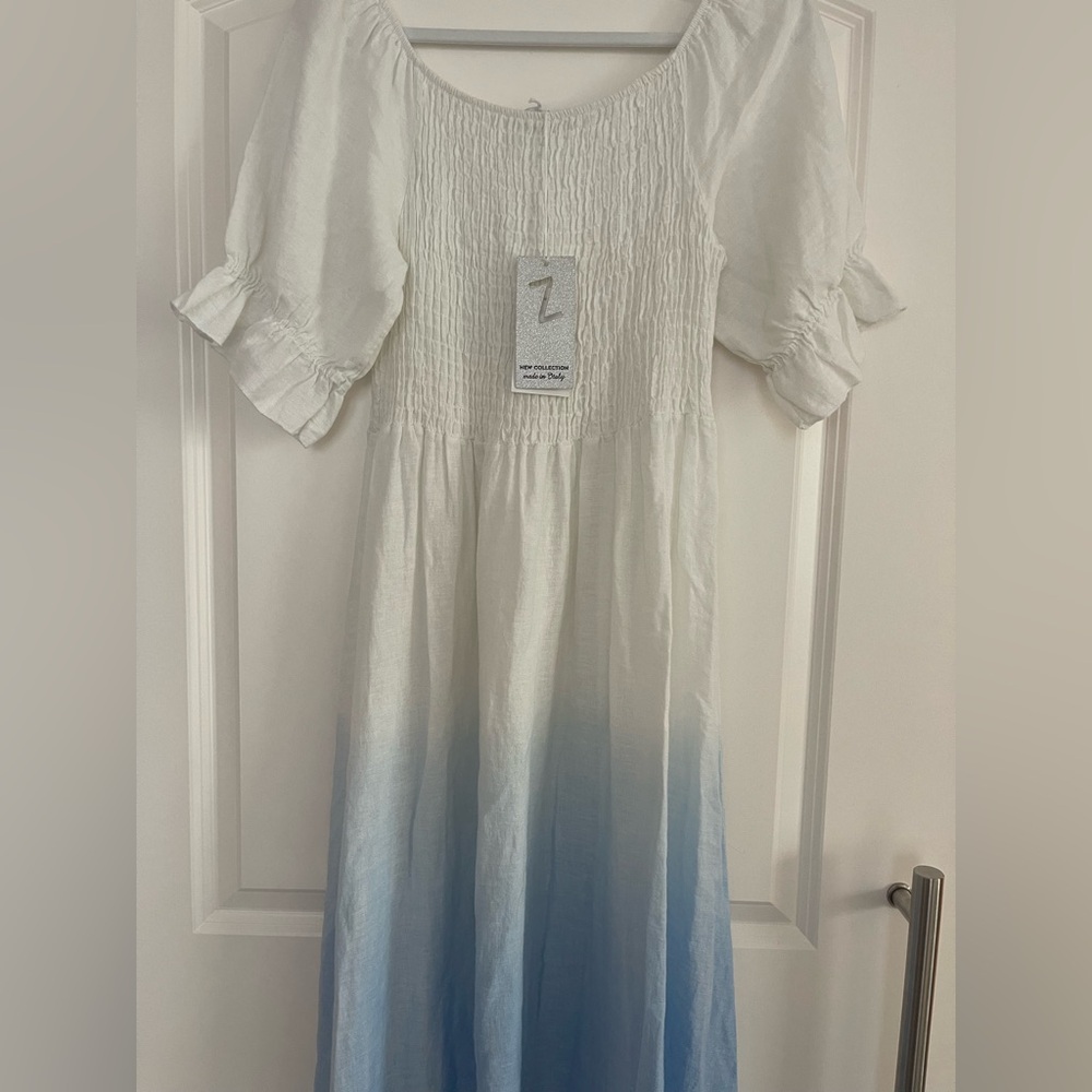 Elegant White and Blue Ombre Midi Dress